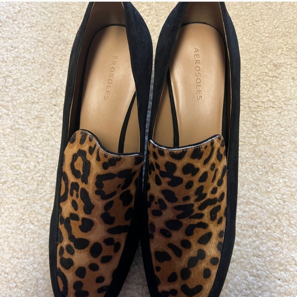 AEROSOLES BROWN SUEDE AND PONY HAIR ANIMAL PRINT SLIP ON LOAFERS-SIZE 10